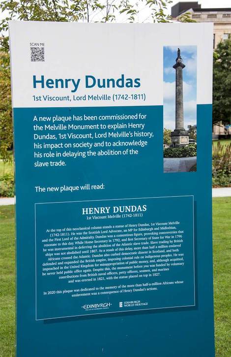 The new temporary plaque by the statue of Henry Dundas (1742–1811), 1st Viscount Melville