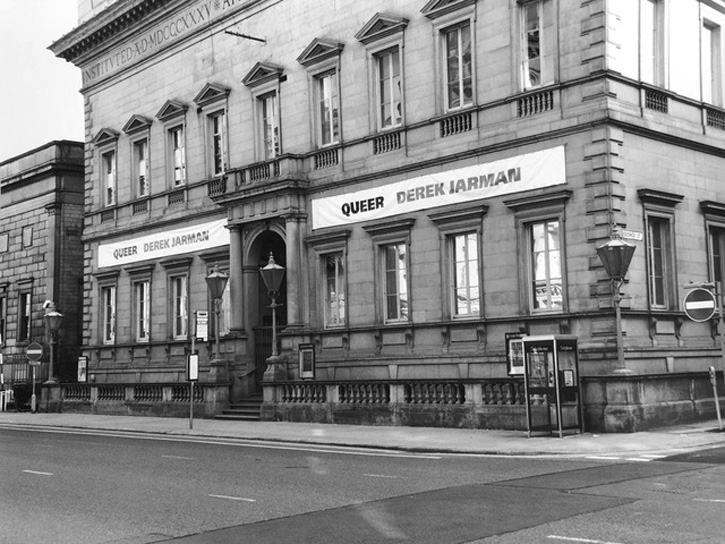Exterior of Manchester Art Gallery, 'Queer' banner, 1993