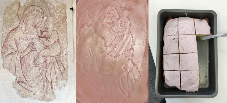 From left: Madonna and Child at San Domenico, Fiesole, c.1430, fresco by Fra Angelico (c.1400–1455); a cake simulating how the fresco would have been pricked onto the wall using a cartoon, baked by Marion Richards; the cake partially eaten (by Art UK staff)