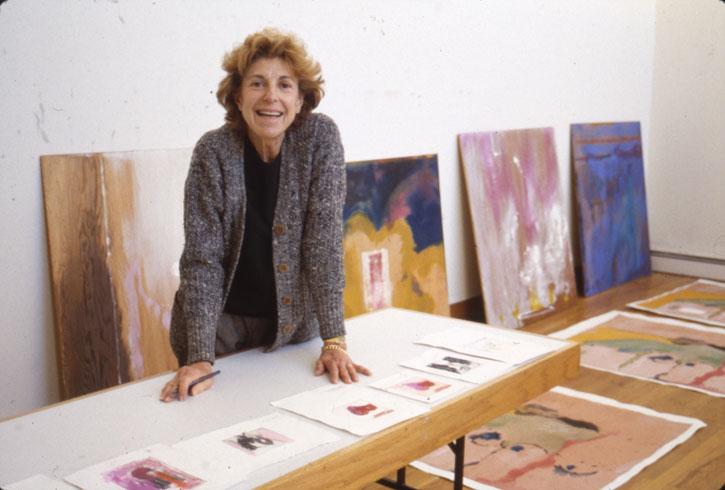 Helen Frankenthaler marks up proofs for 'Valentine for Mr Wonderful' with proofs for the 'Tales of Genji' series in the Tyler Graphics studio, 1995