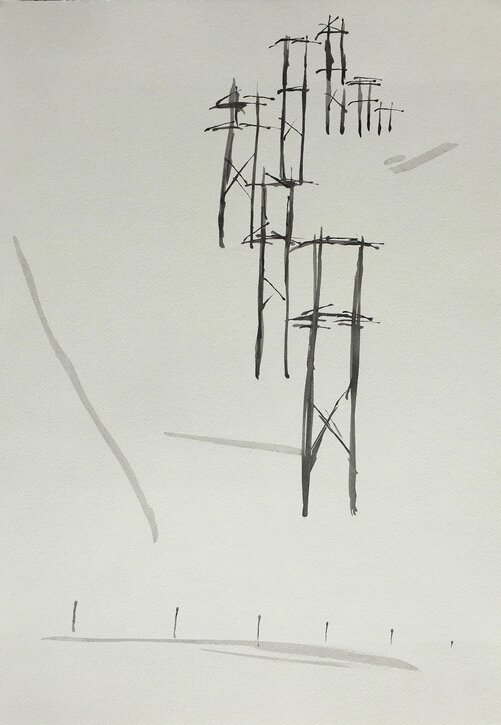 Mary’s brush and ink drawing of the electricity pylons