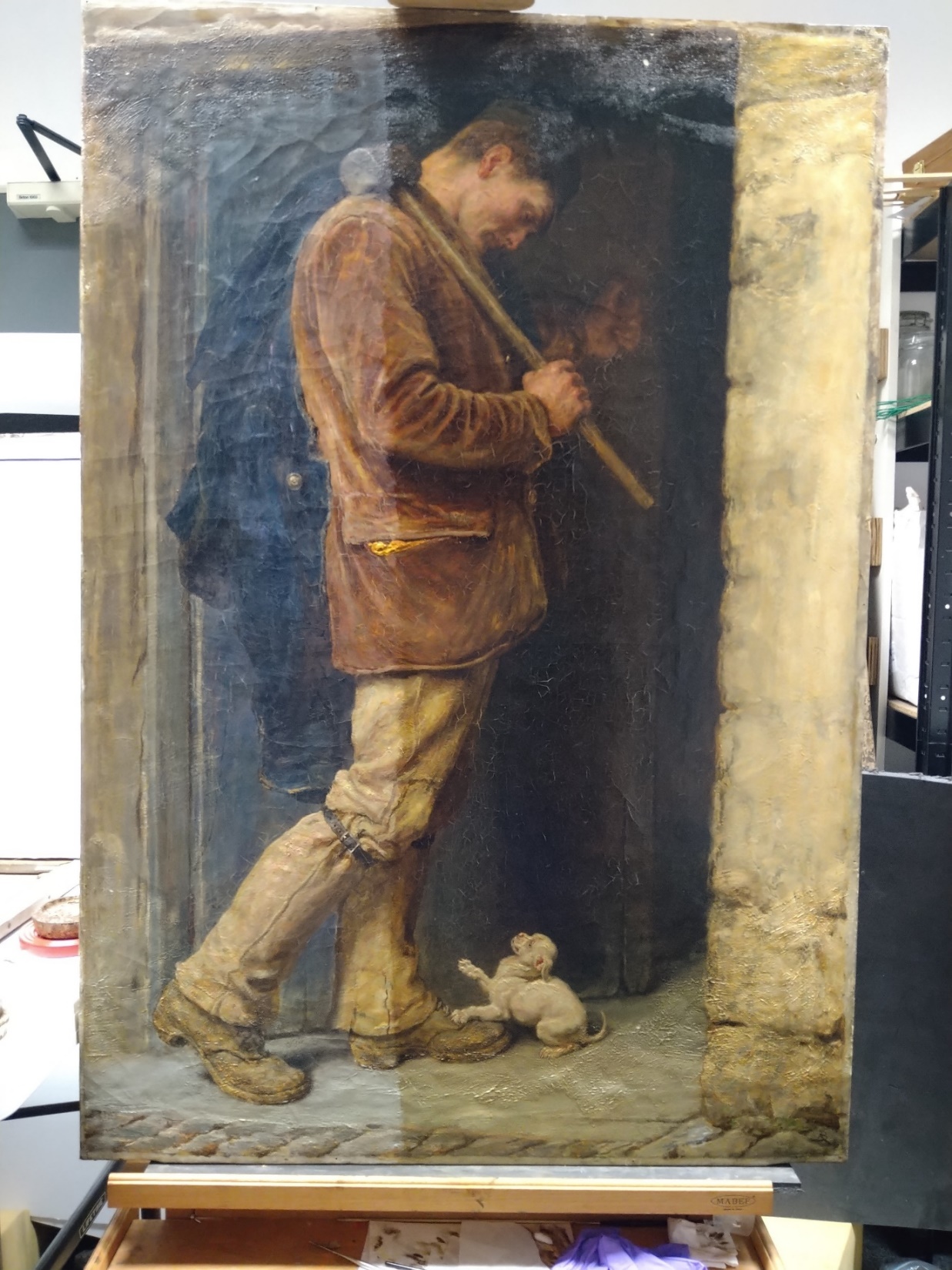 'The Welcome' at the conservator's studio showing the progress of surface cleaning