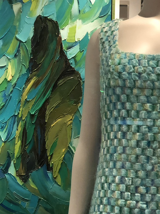 Dress in velvet tweed next to 'Seascape' in the 'Bernat Klein: Design in Colour' exhibition