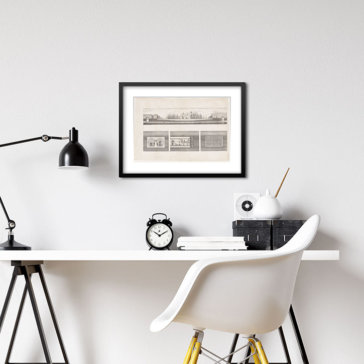 Framed print of 'A Lithograph Section of the Whole Tunnel with Three Vignettes'