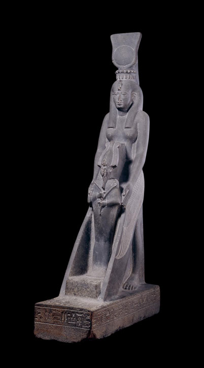 Grey siltstone standing statue of the goddess Isis