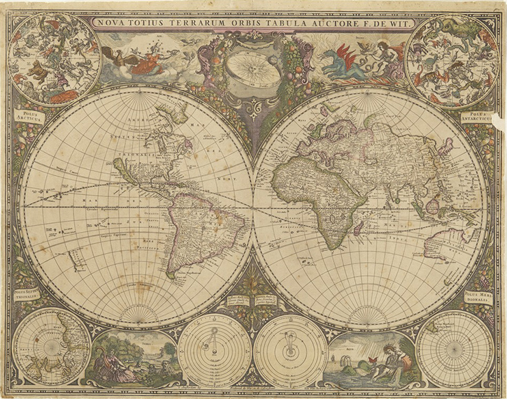 Map showing North and South America, and Europe, Asia and Australia