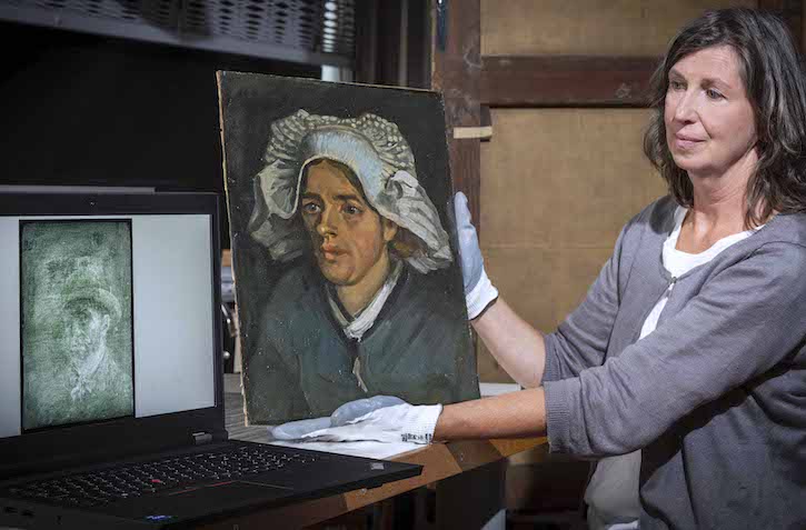 NGS Senior Conservator Lesley Stevenson views 'The Head of a Peasant Woman' with the x-ray