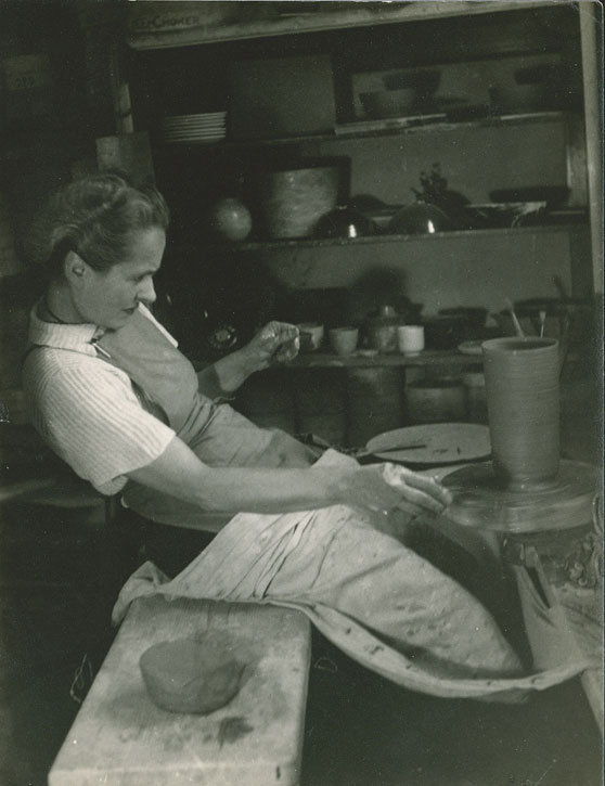 Lucie Rie working on the wheel, c.1952