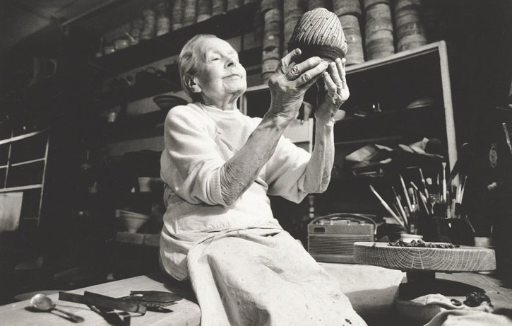 Lucie Rie in her studio at Albion Mews, 1990s