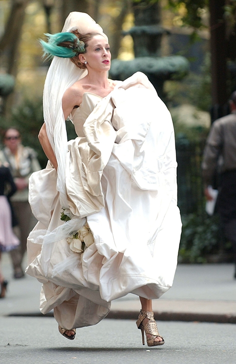 Sarah Jessica Parker wearing a Vivienne Westwood gown on location for 'Sex and the City: The Movie'