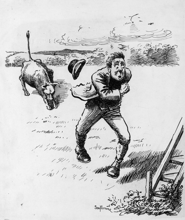 Man running away from a bull