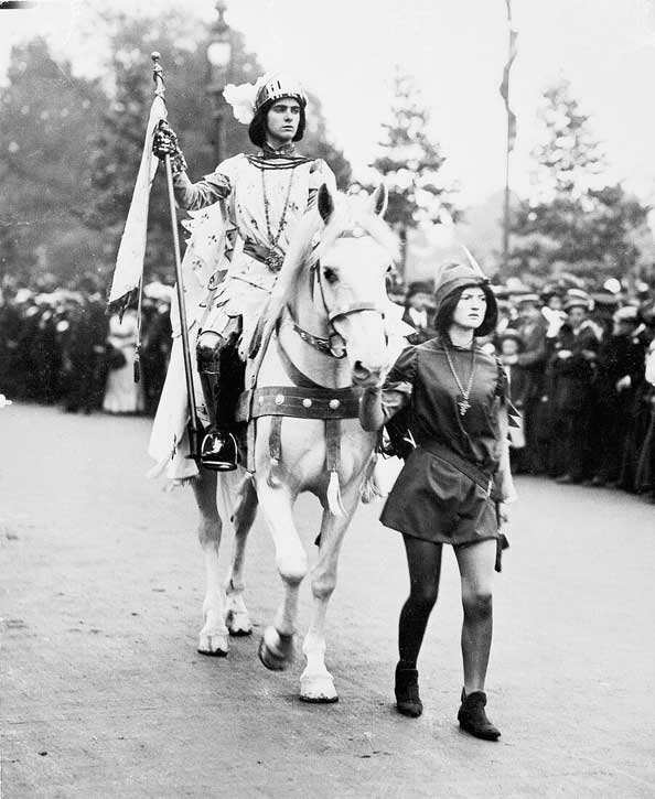 Marjery Bryce dressed as Joan of Arc at the Women's Coronation Procession, 1911