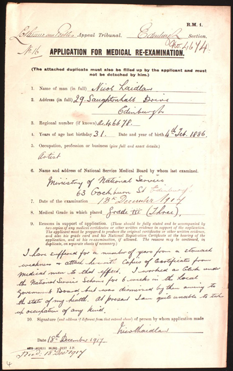Laidlaw's application for a medical re-examination, dated 18th December 1917