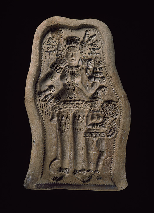 Mould for a plaque with a bejewelled goddess or yakshi (nature spirit) with female attendant