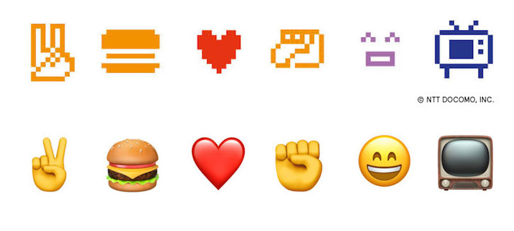 A selection of NTT Docomo emoji designs versus their 2019 iOS 12.2 equivalents.