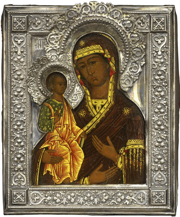 late 19th C, egg tempera on wood with silver oklad by unknown artist