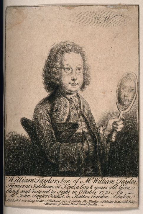 A portrait of a young boy in a curly wig, looking at his reflection in a looking glass