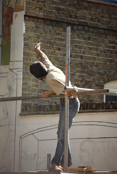 Shanti Panchal working on the Shadwell mural in 1985