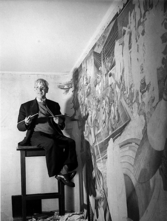 Stanley Spencer at work on 'Christ Preaching at Cookham Regatta', 1957