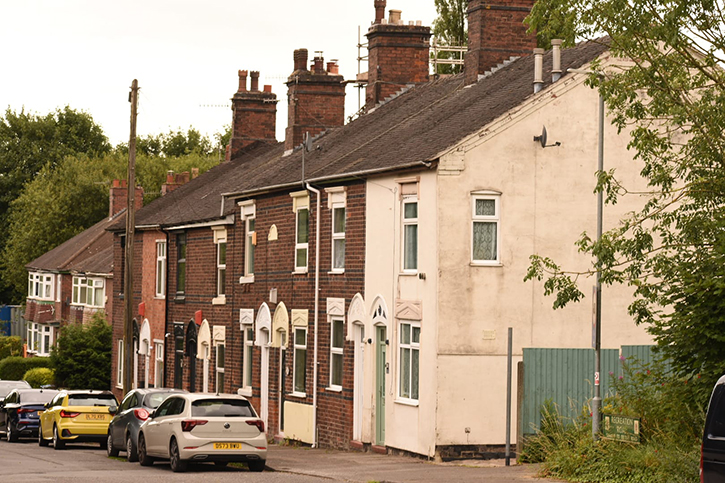 A closer view of terraced houses near the former location of the Station Hotel, Longton, in 2024