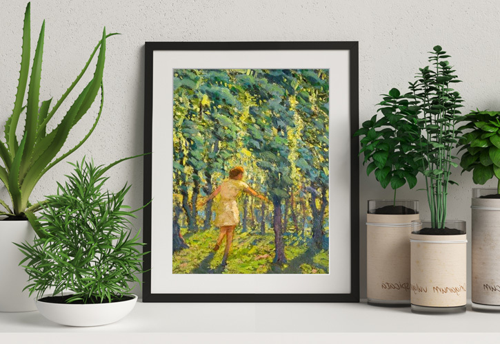 Framed print of 'A Child Running through a Sunlit Wood'