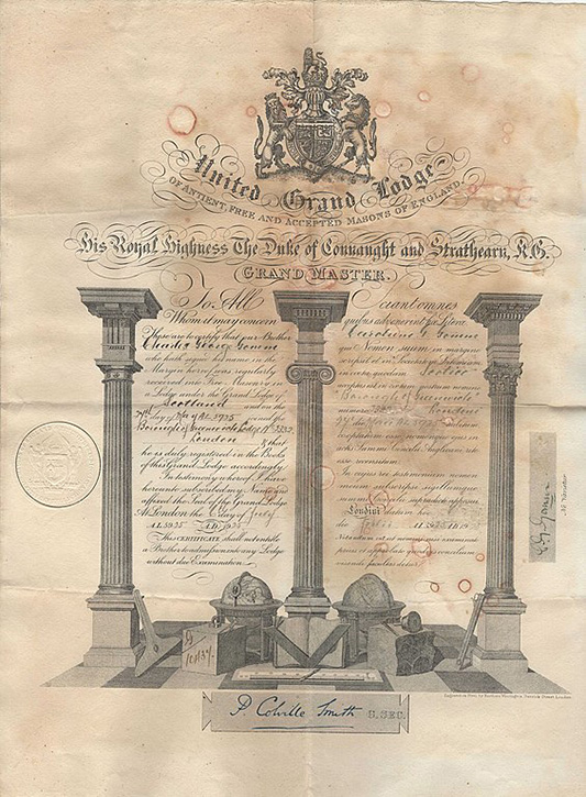 A registration certificate with the three Corinthian columns