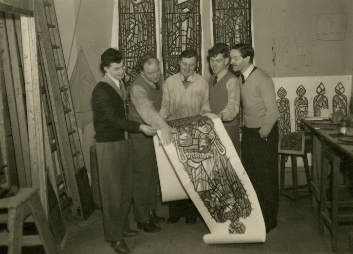 William Wilson and his assistants with a section of a stained-glass cartoons