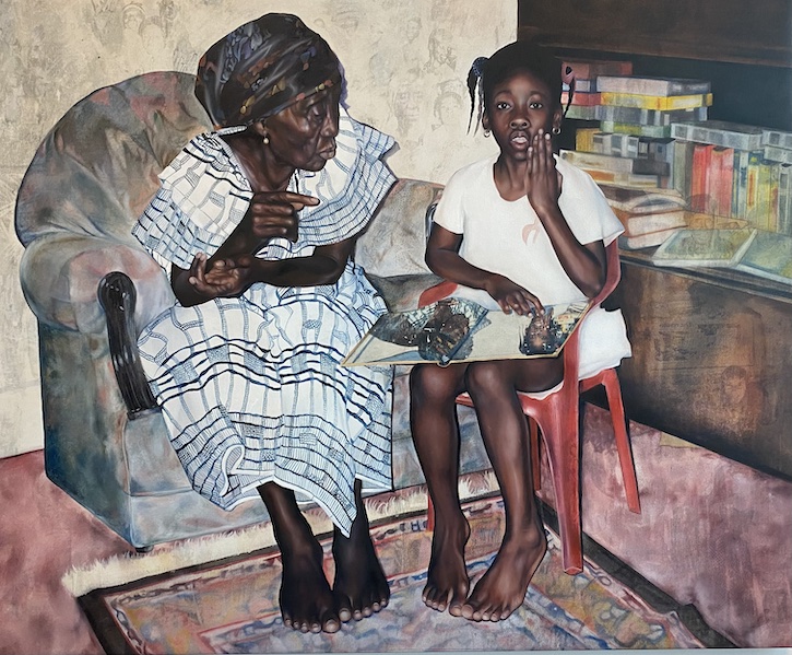 2023, oil paint, image transfers and graphite on canvas by Joshua Donkor (b.1997)