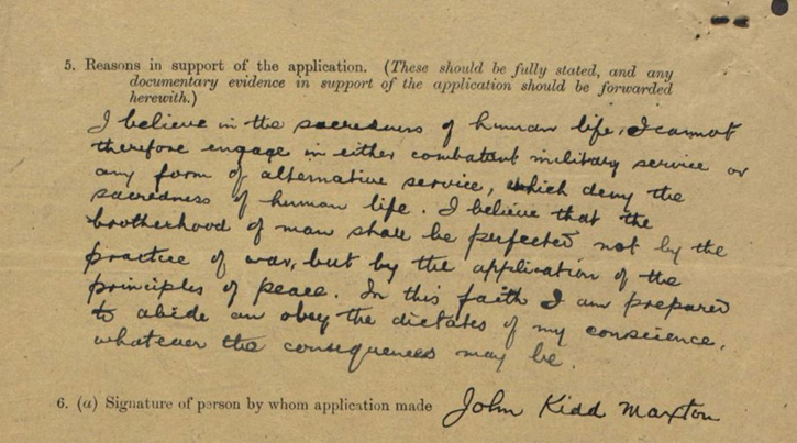 Detail from Maxton's 'Application as to Exemption' under the Military Service Act 1916