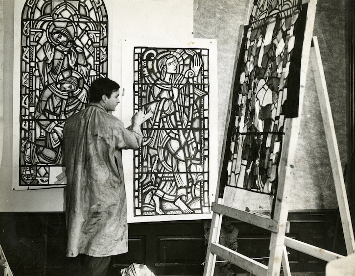 William Wilson in his studio with the cartoon and glass pieces for the British Empire Exhibition