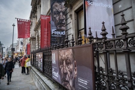 Lucian Freud exhibition, exterior of the Royal Academy of Arts, London