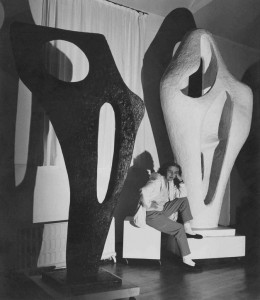 Barbara Hepworth with the plaster of 'Figure for Landscape' and bronze cast of 'Figure (Archaean)'
