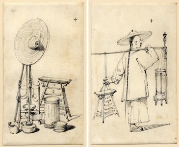 'A Barber's Paraphernalia' and 'A Barber Carrying His Requisites; Walking to Right, Wearing Large Brimmed Hat', 1775–1857, graphite on paper by George Chinnery (1774–1852)