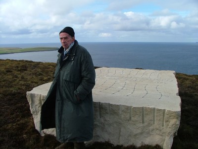 Ian Hamilton Finlay at the installation of 'Gods of the Earth/Gods of the Sea' on Rousay in 2005