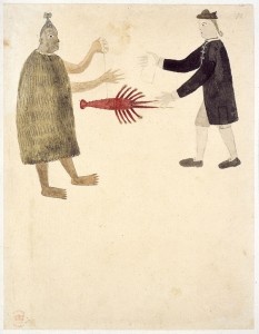 A Māori bartering a crayfish with Joseph Banks