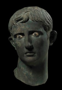 c.27–25 BC, bronze, eyes inlaid with glass pupils and irises of calcite, probably made in Egypt. The head was once part of a larger than life-size statue