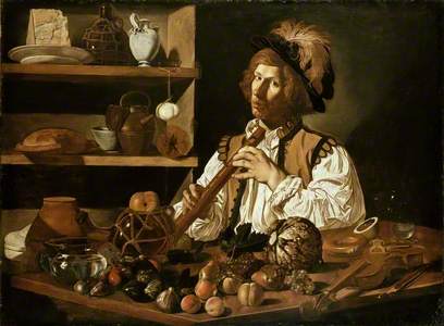 Interior with a young Man holding a Recorder
