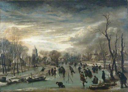 Skating Scene: Figures on a River Flowing through a Village