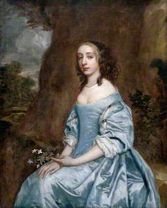 Portrait of a Lady in Blue Holding a Flower