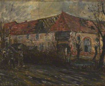 Soldiers Marching Past Ruined Farm Buildings, Haunted by the Ghost of a Comrade, Western Front, c.19