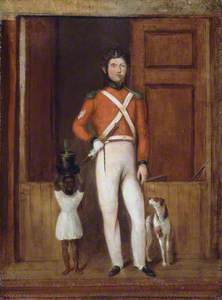 A Sergeant of a Cavalry Regiment (standing by an open doorway, with a black child and dog, probably 