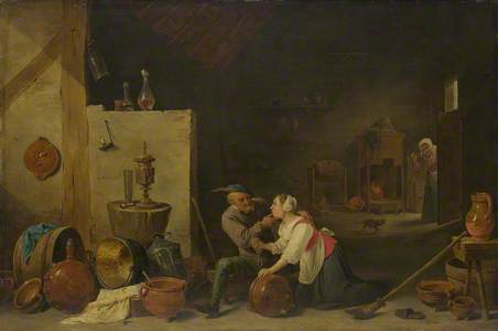 An Old Peasant caresses a Kitchen Maid in a Stable