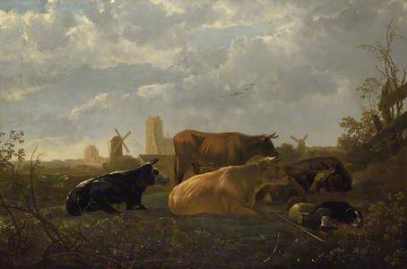 A Distant View of Dordrecht, with a Sleeping Herdsman and Five Cows ('The Small Dort')
