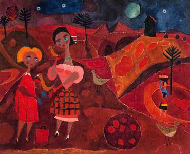 Two Girls with Birds in a Red Landscape*