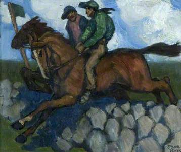 Two Jockeys on Horses, Leaping a Stone Wall