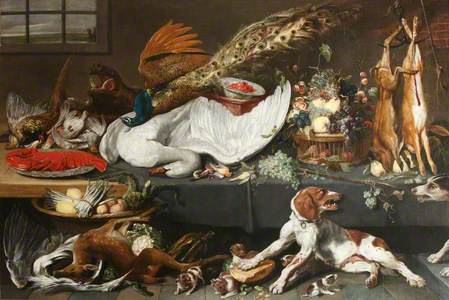 Larder with Dead Game, Swan and Lobster, Fruit, Vegetables and a Pointer Bitch Defending Her Puppies