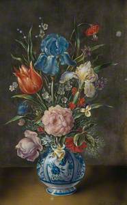 Spring Flowers in a Delft Vase: Iris, Roses and a Tulip