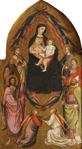 The Virign with the Child Holding a Rose, in a Mandorla of Winged Cherubs' Heads, with Six Saints an
