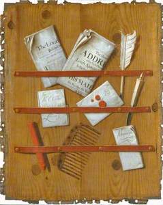 A Trompe l'Oeil of Newspapers, Letters and Writing Implements on a Wooden Board