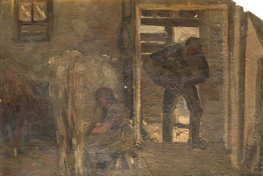 Barn Interior with a Woman Milking a Cow and a Man Entering a Barn